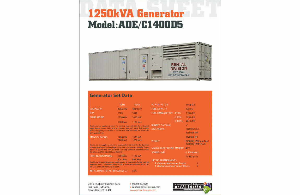 1250kVA Generator Hire [40ft Super Silent]